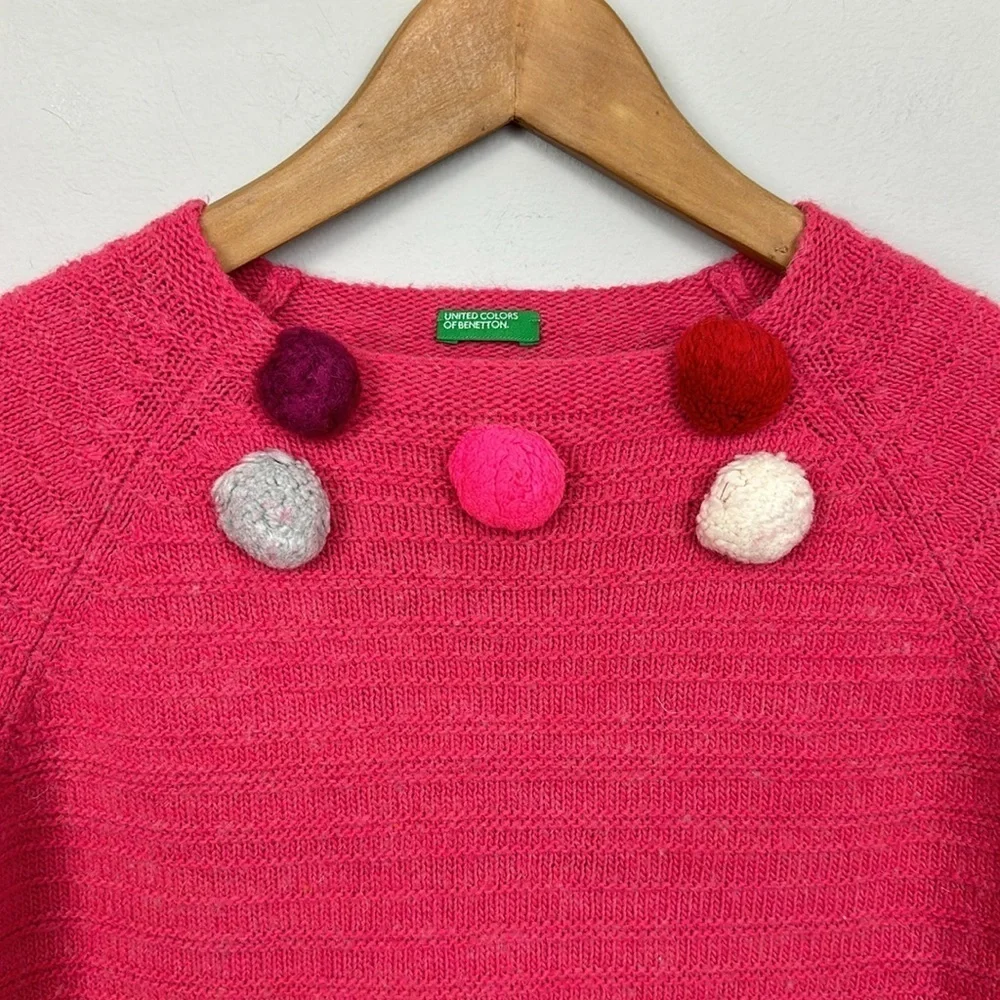 Vintage United Colors of Benetton Girls Wool/Mohair Blend Pom Pom Sweater Sz XL